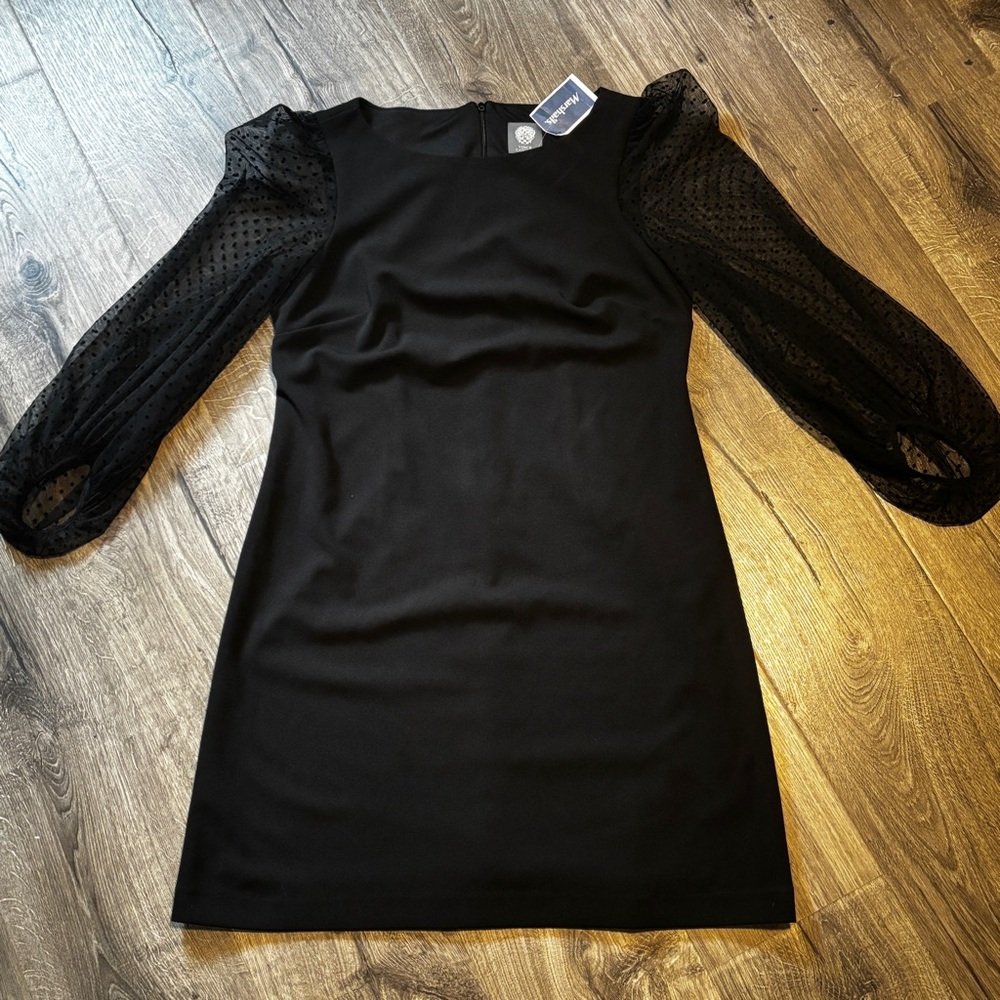 Vince Camuto Black Dress with Sheer Polka Dot Balloon Sleeves